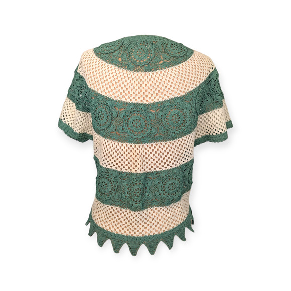 Cream & Sage Vintage Cotton Crochet Top ~ Shanghai Handmade Small - Picture 3 of 9